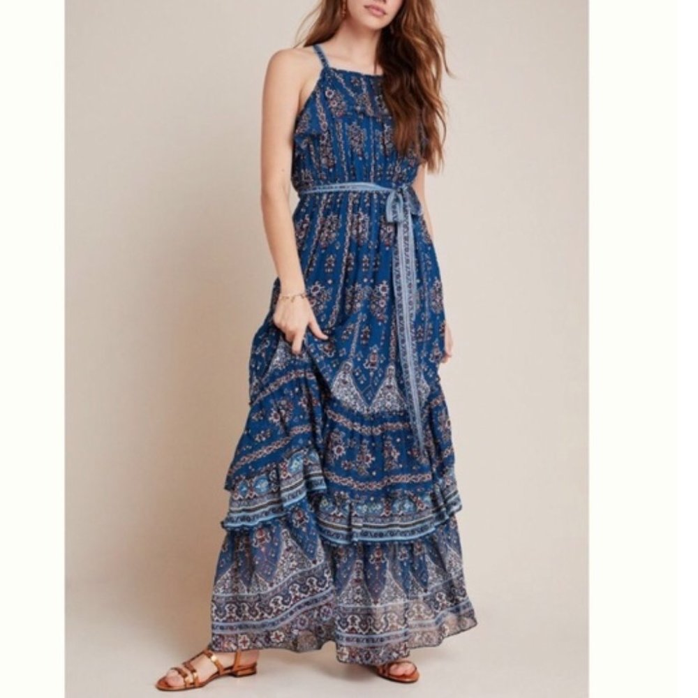 Anthropologie Sasha Dress Blue Ruffle Maxi Size Small